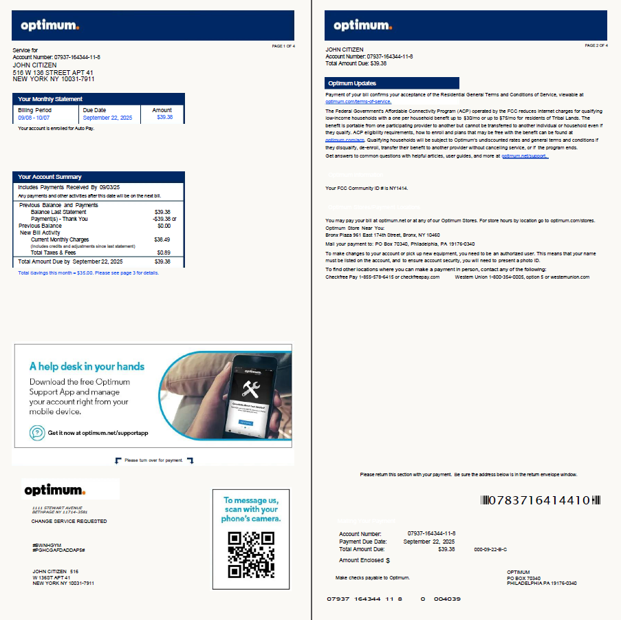 USA Optimum utility bill template in Word and PDF formats, 4 pages, version 2, 1 2 pages